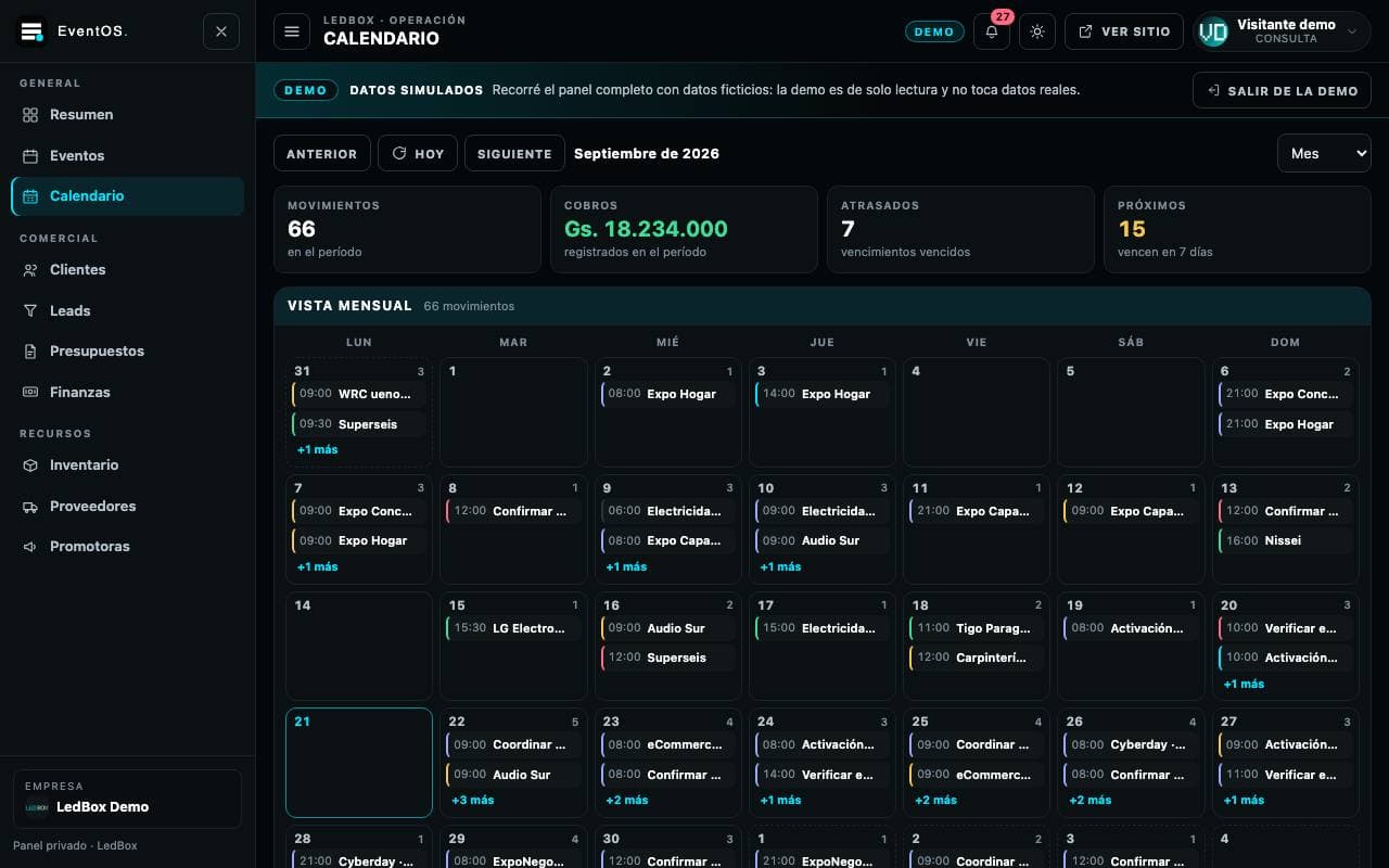Calendario operativo con eventos, cobros y vencimientos